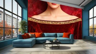 High-end fashion editorial featuring a gold-trimmed velvet gown, [luxury fashion], [exclusive regal attire]. Wall mural